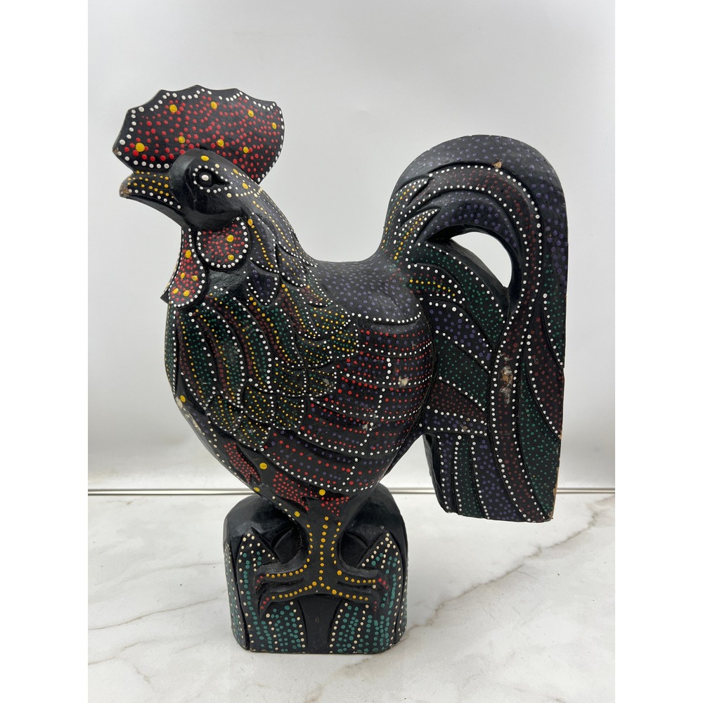 Hand Painted Wooden Rooster Black Figurine Folk Art Dot Painted Rustic Farmhouse